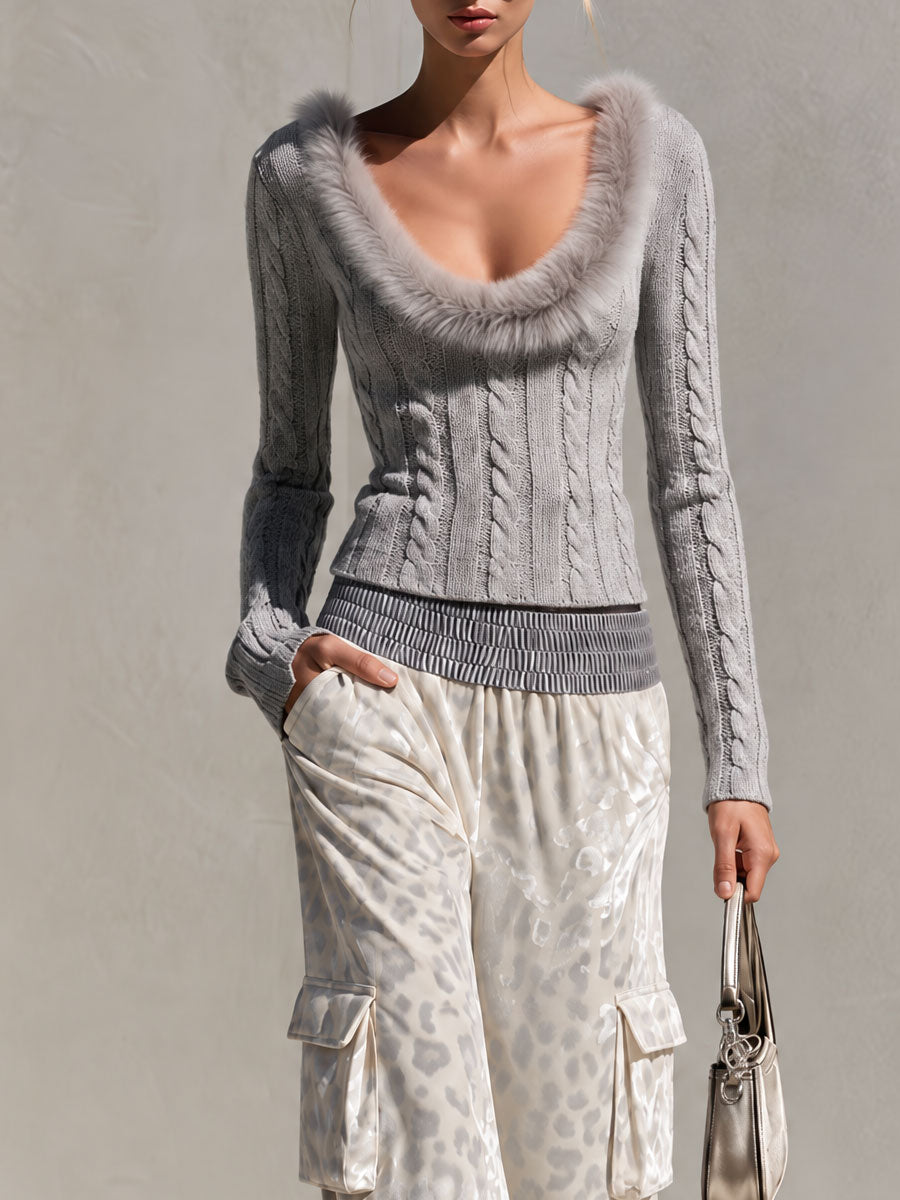 Stylish Retro Gray Faux Fur Collar Knit Sweater And Leopard Print Velvet Trousers Set