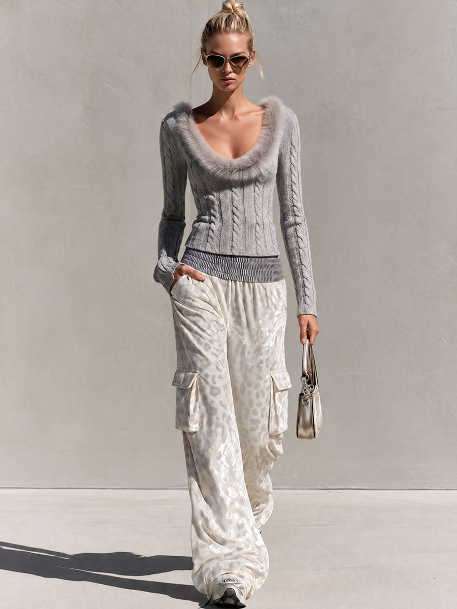 Stylish Retro Gray Faux Fur Collar Knit Sweater And Leopard Print Velvet Trousers Set