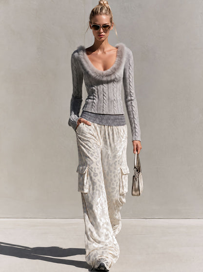 Stylish Retro Gray Faux Fur Collar Knit Sweater And Leopard Print Velvet Trousers Set