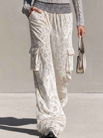 Stylish Retro Gray Faux Fur Collar Knit Sweater And Leopard Print Velvet Trousers Set