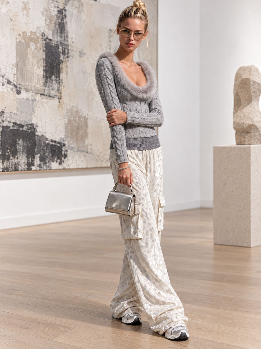 Stylish Retro Gray Faux Fur Collar Knit Sweater And Leopard Print Velvet Trousers Set
