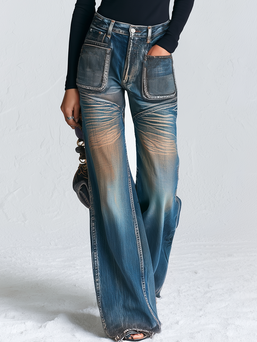 Vintage Grunge Dirty Wash Patch Pocket High Rise Wide Leg Jeans