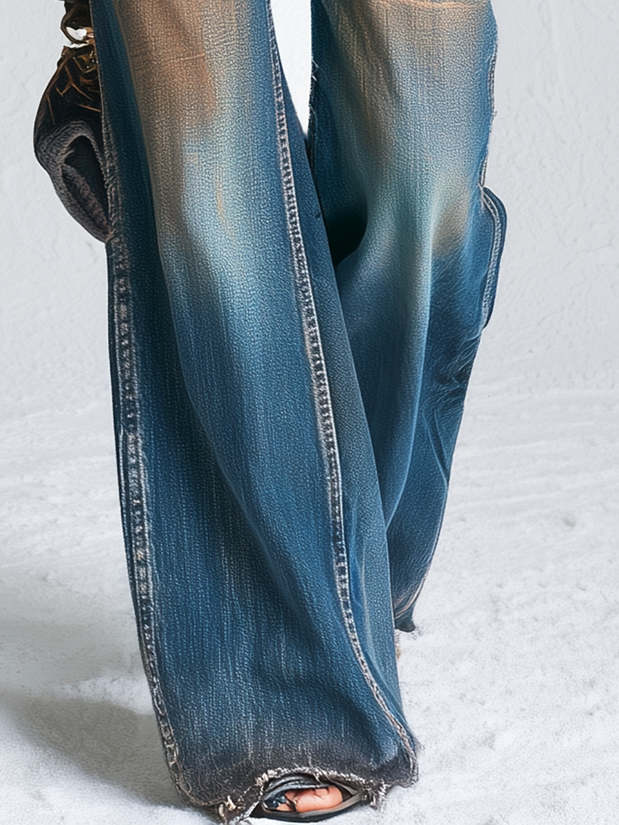 Vintage Grunge Dirty Wash Patch Pocket High Rise Wide Leg Jeans
