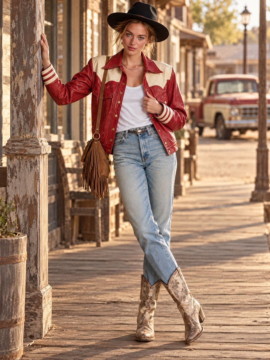 Retro Red Color-blocked Faux Leather Collar And Striped Cuff Jacket