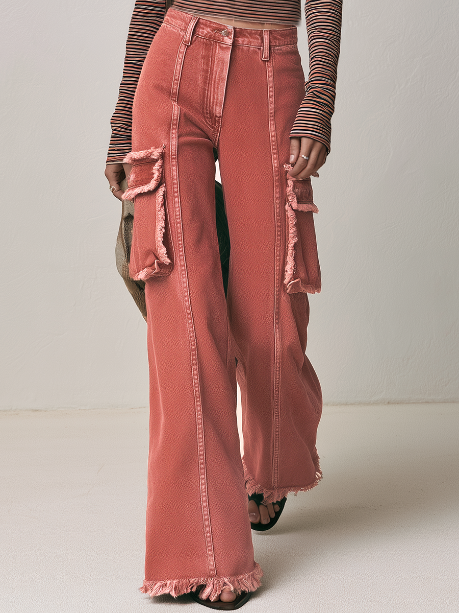 Boho Utility Rust Red Frayed Cargo Pocket High Rise Wide Leg Jeans