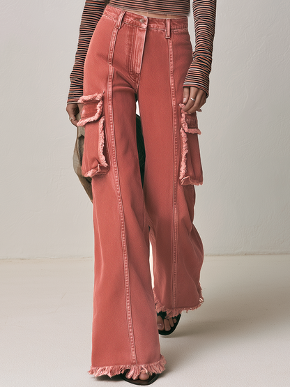 Boho Utility Rust Red Frayed Cargo Pocket High Rise Wide Leg Jeans