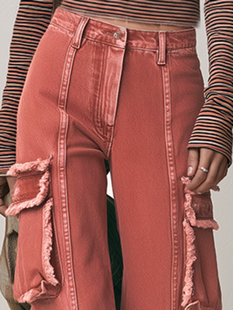 Boho Utility Rust Red Frayed Cargo Pocket High Rise Wide Leg Jeans