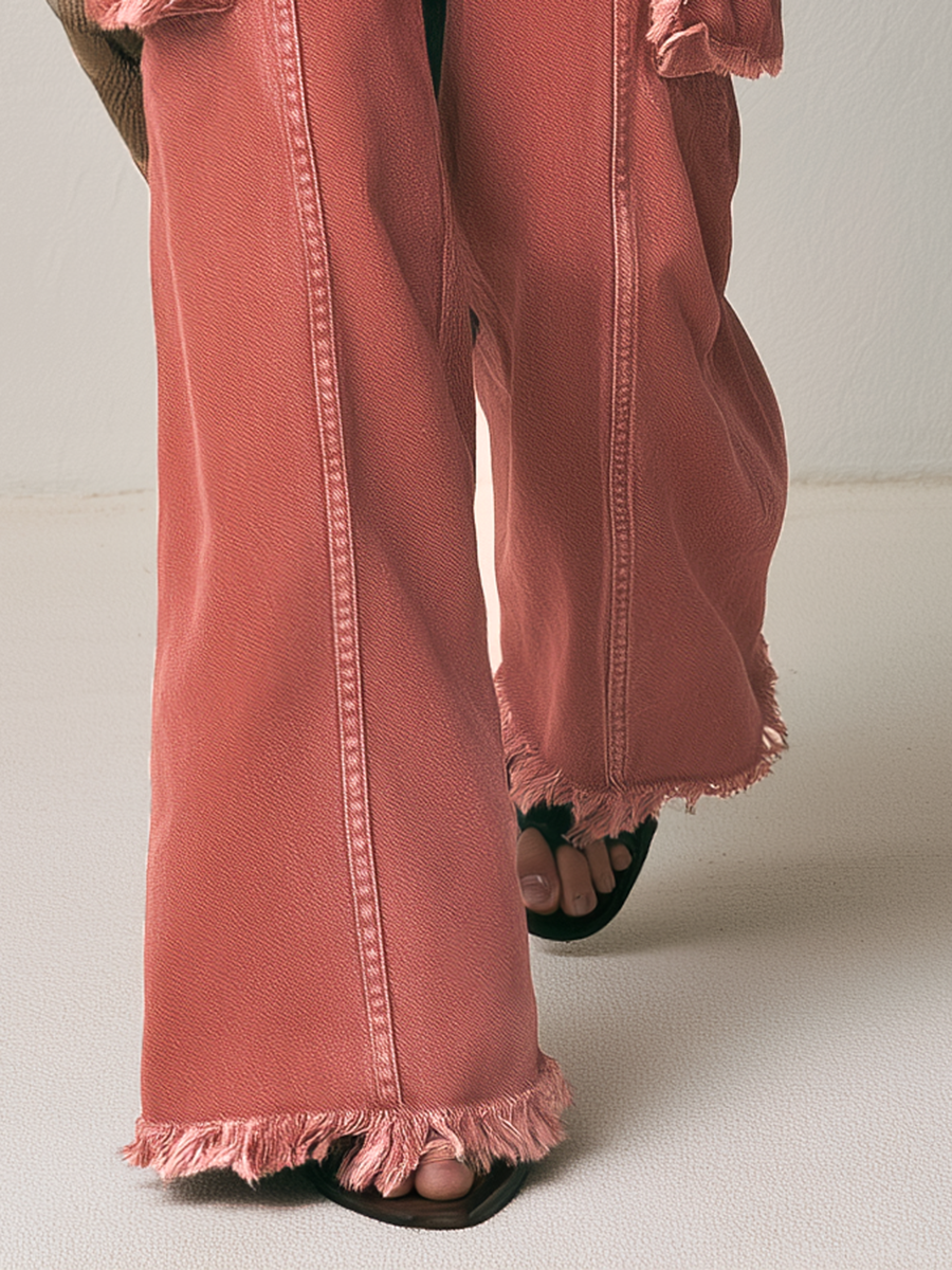 Boho Utility Rust Red Frayed Cargo Pocket High Rise Wide Leg Jeans