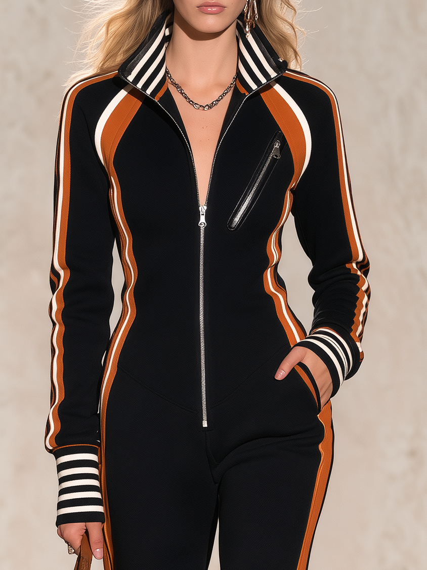 Retro Sporty Black Orange Color Block Zip Front Flare Leg Jumpsuit For Women