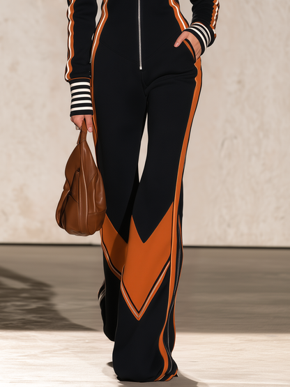 Retro Sporty Black Orange Color Block Zip Front Flare Leg Jumpsuit For Women
