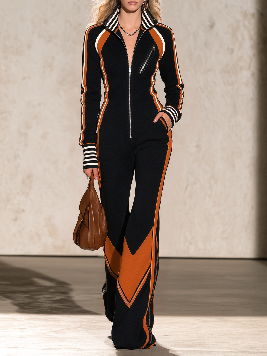 Retro Sporty Black Orange Color Block Zip Front Flare Leg Jumpsuit For Women
