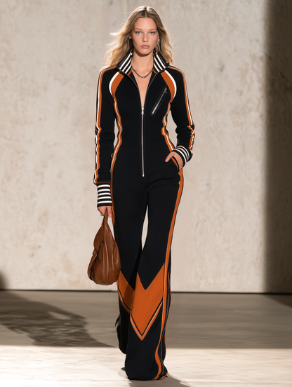 Retro Sporty Black Orange Color Block Zip Front Flare Leg Jumpsuit For Women