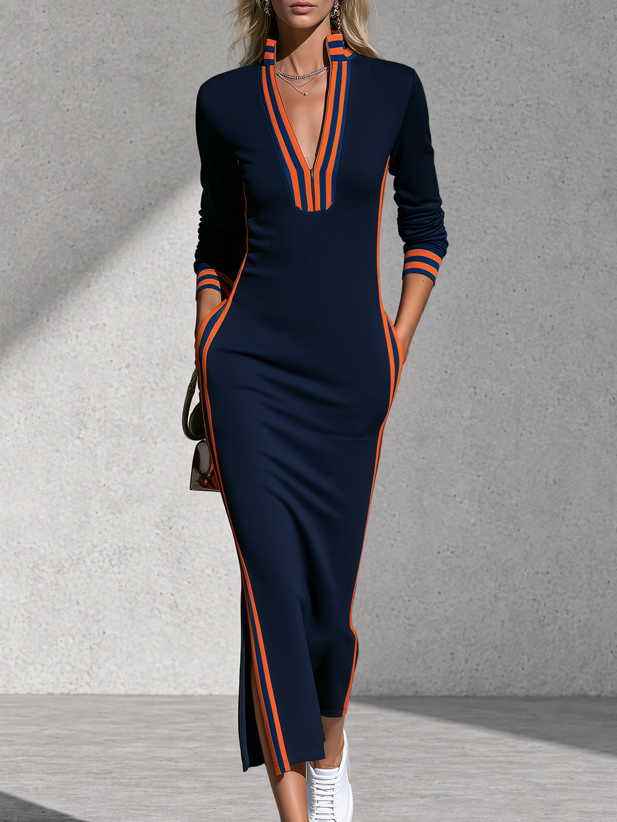 Retro Sporty Color-Block Zip-Front Maxi Dress With Side Slit