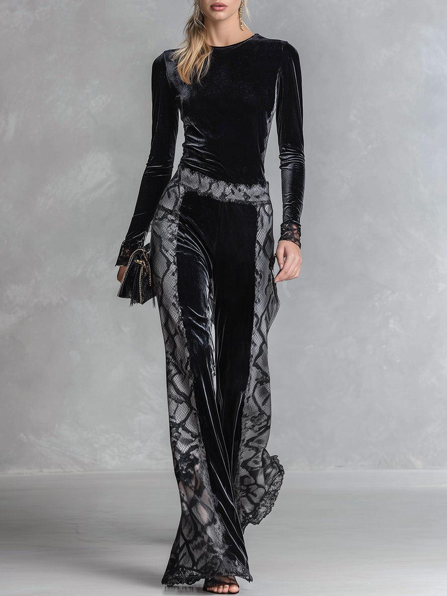 Elegant Snake-Print Trim Black Velvet T-Shirt And Wide-Leg Trousers Set