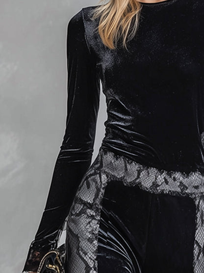 Elegant Snake-Print Trim Black Velvet T-Shirt And Wide-Leg Trousers Set