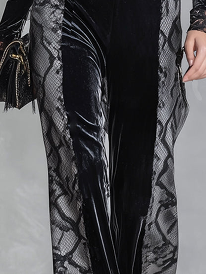 Elegant Snake-Print Trim Black Velvet T-Shirt And Wide-Leg Trousers Set
