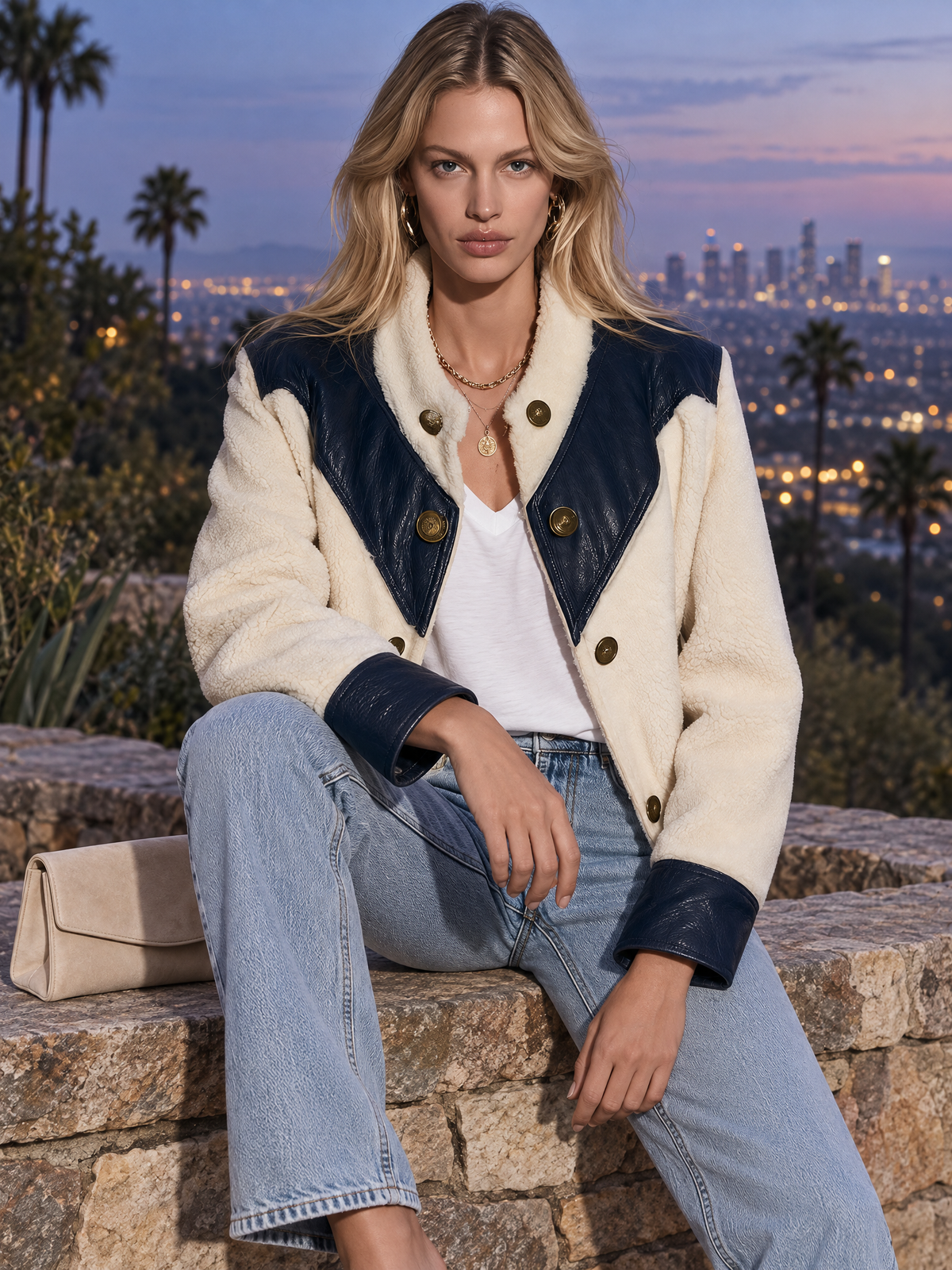 Retro Western Blue And White Sherpa Fleece Jacket With PU Leather Panels