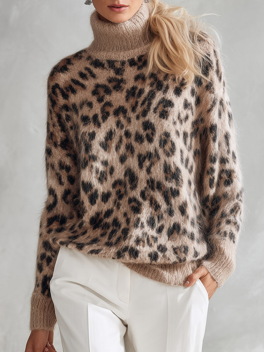 Vintage-style Warm Leopard-print Mohair Turtleneck Sweater