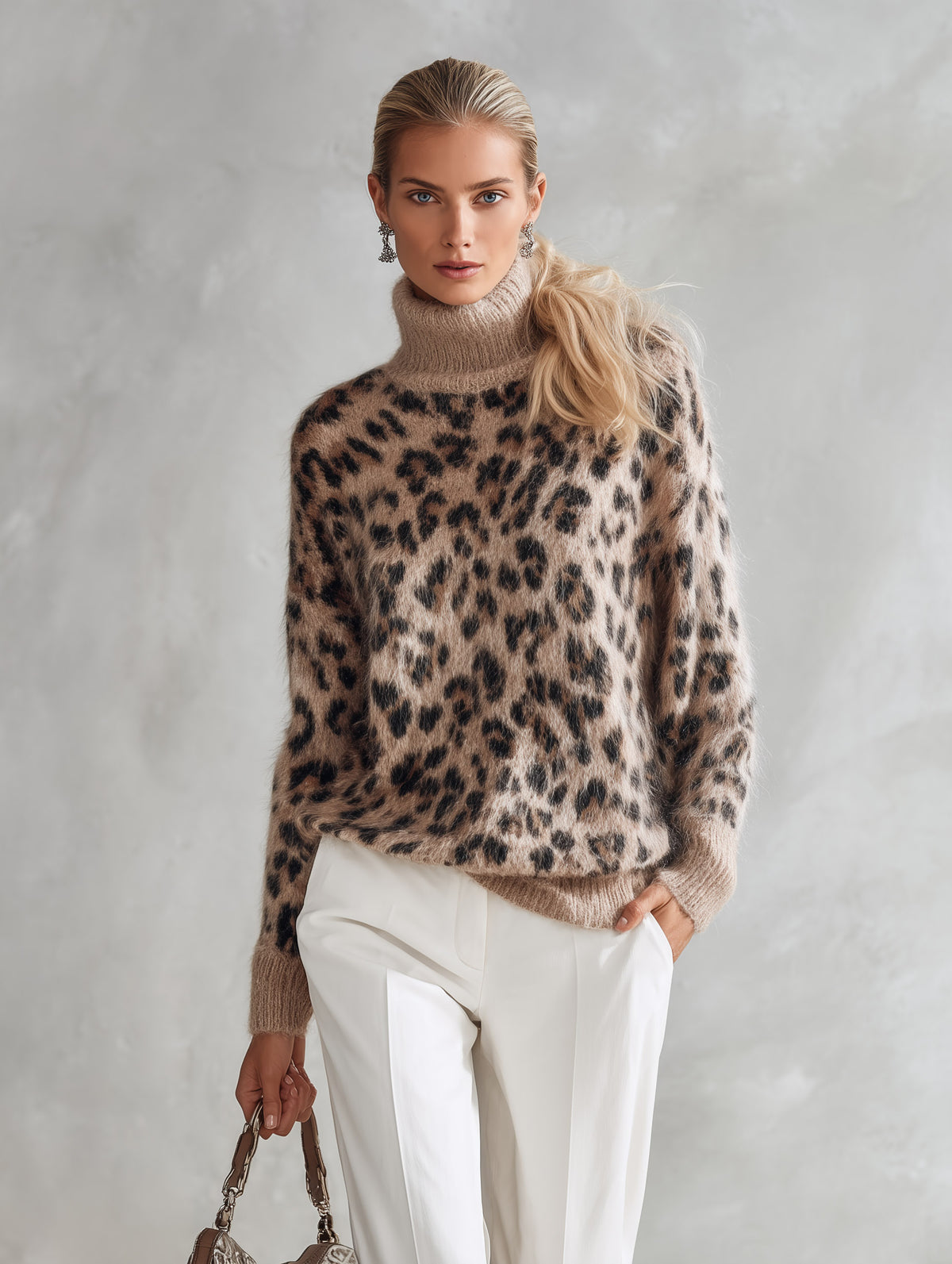 Vintage-style Warm Leopard-print Mohair Turtleneck Sweater