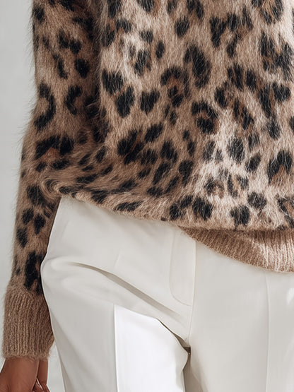 Vintage-style Warm Leopard-print Mohair Turtleneck Sweater
