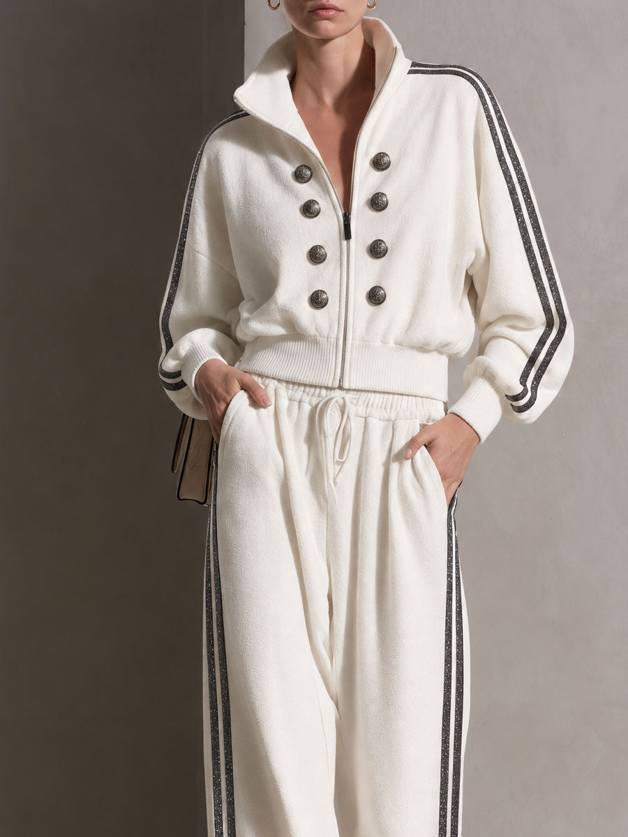 Casual Sporty Retro Double-Breasted Decorative Button White Cotton Jacket And Pants Set