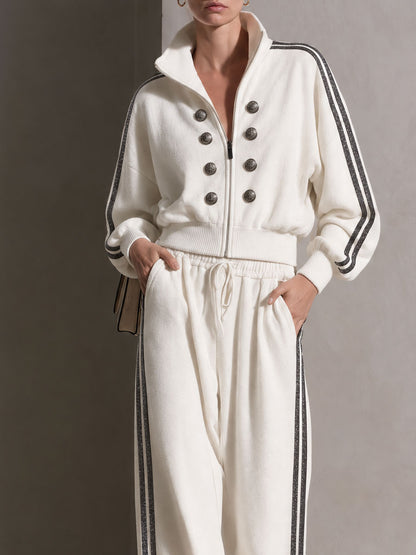Casual Sporty Retro Double-Breasted Decorative Button White Cotton Jacket And Pants Set