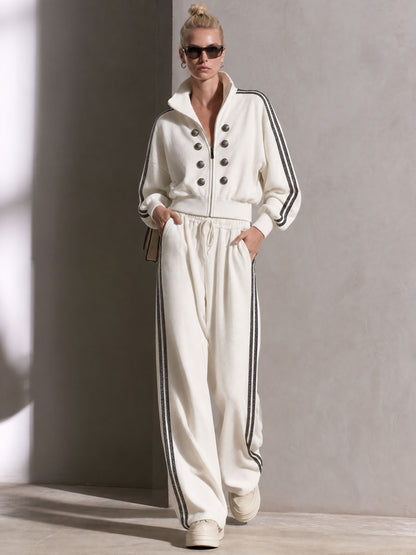 Casual Sporty Retro Double-Breasted Decorative Button White Cotton Jacket And Pants Set