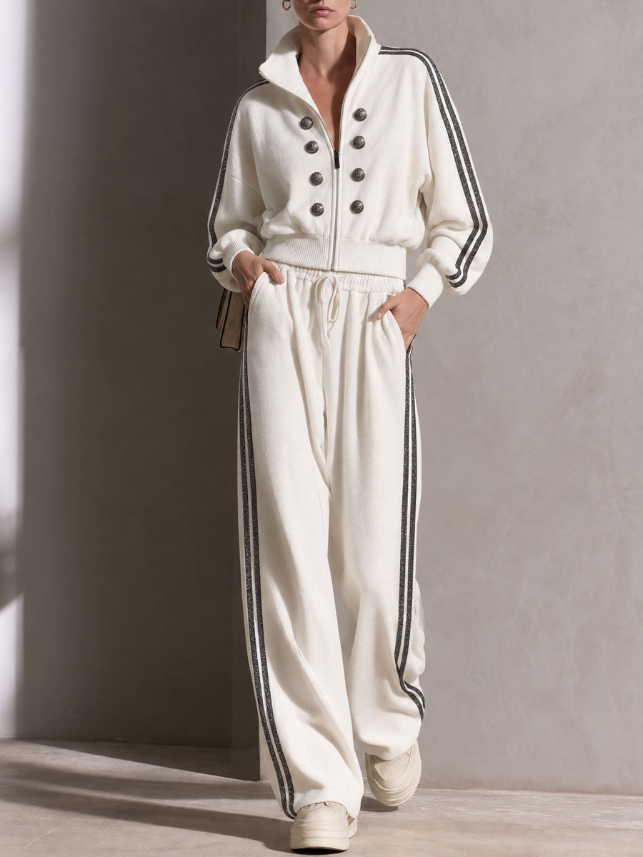 Casual Sporty Retro Double-Breasted Decorative Button White Cotton Jacket And Pants Set