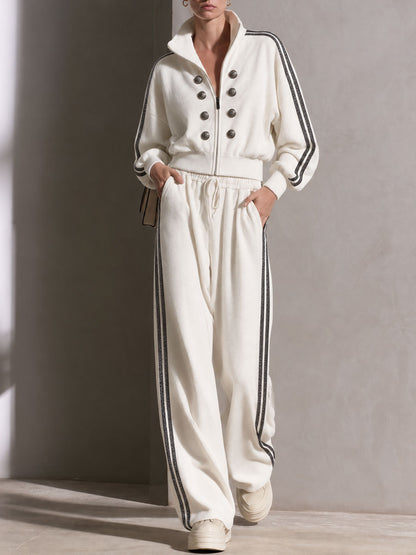 Casual Sporty Retro Double-Breasted Decorative Button White Cotton Jacket And Pants Set