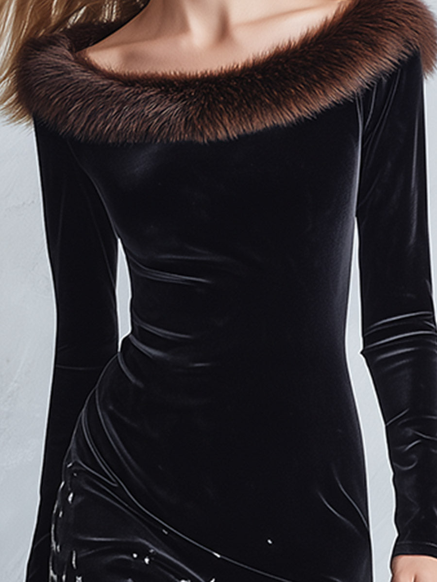 Elegant Party Faux-Fur-Trimmed Black Ombré Leopard-Print Velvet Maxi Dress