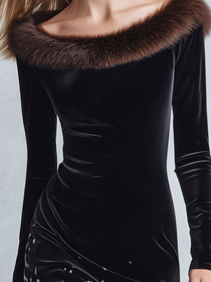 Elegant Party Faux-Fur-Trimmed Black Ombré Leopard-Print Velvet Maxi Dress