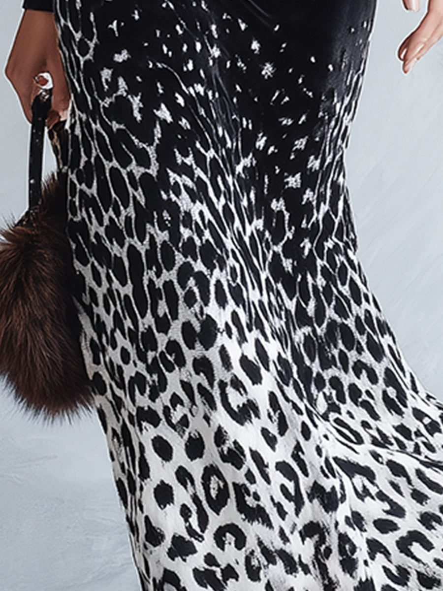 Elegant Party Faux-Fur-Trimmed Black Ombré Leopard-Print Velvet Maxi Dress
