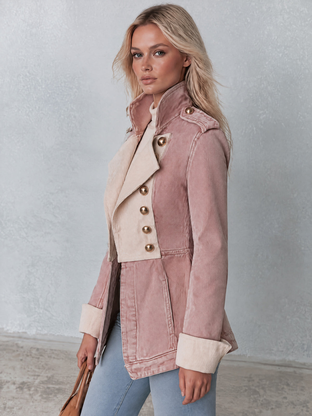 Stylish Retro White Corduroy Pink Double-Breasted Denim Coat