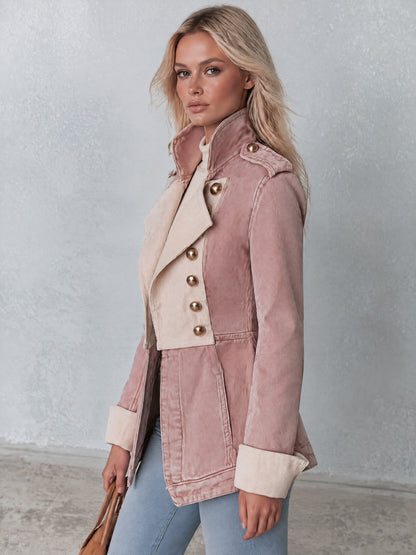 Stylish Retro White Corduroy Pink Double-Breasted Denim Coat