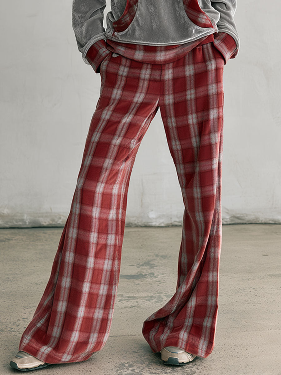 Fashionable Retro Hooded Grey Diamond Fleece Sweatshirt And Red Plaid Pants Set