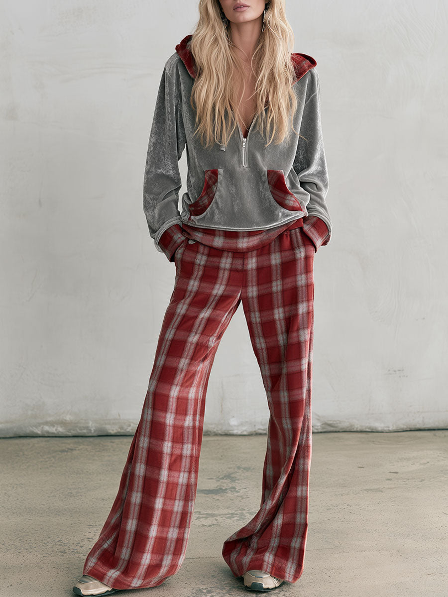 Fashionable Retro Hooded Grey Diamond Fleece Sweatshirt And Red Plaid Pants Set
