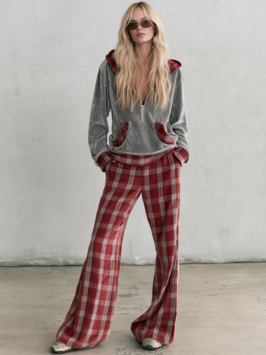 Fashionable Retro Hooded Grey Diamond Fleece Sweatshirt And Red Plaid Pants Set