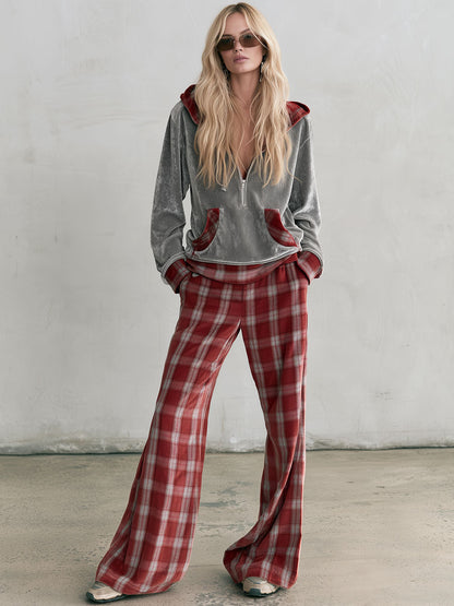 Fashionable Retro Hooded Grey Diamond Fleece Sweatshirt And Red Plaid Pants Set