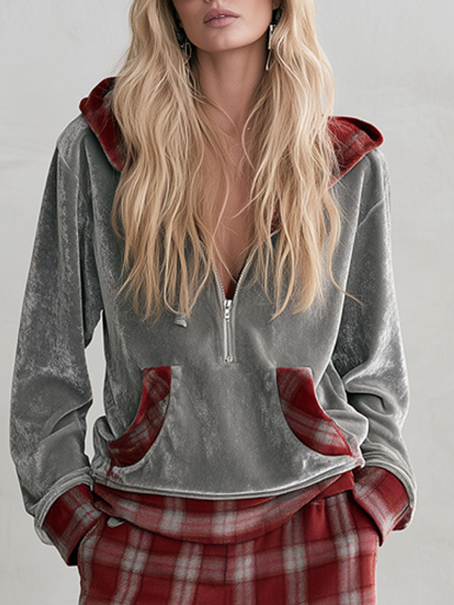 Fashionable Retro Hooded Grey Diamond Fleece Sweatshirt And Red Plaid Pants Set