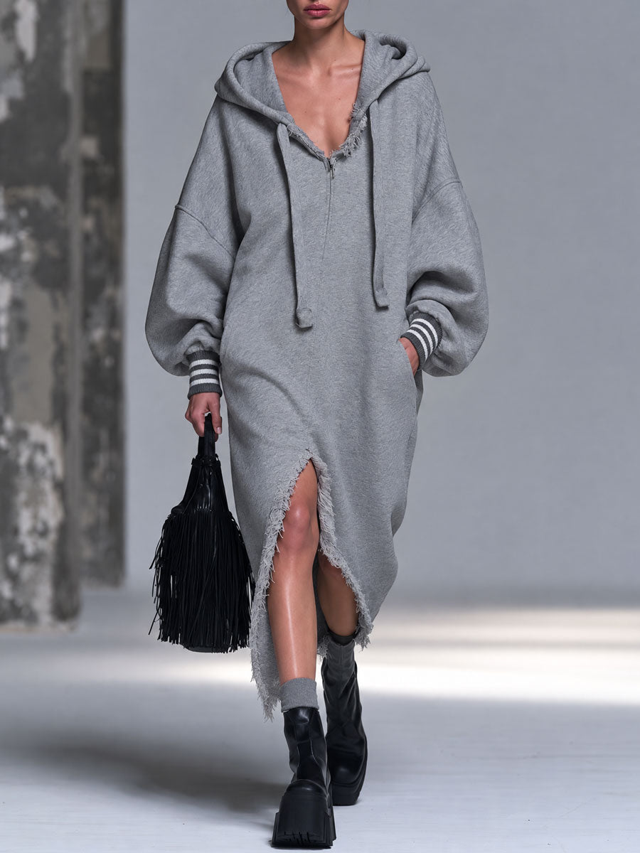 Fashionable Retro Striped Cuff Gray Hooded Irregular Hem Cotton Midi Dress