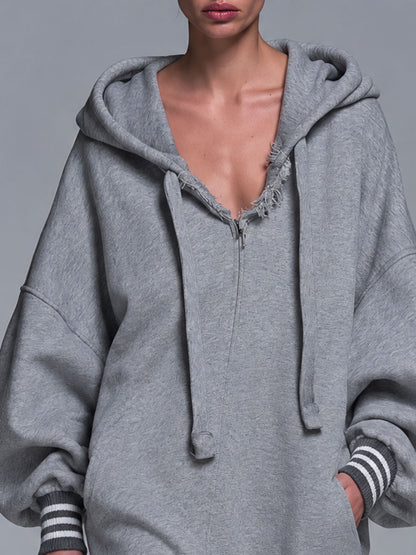 Fashionable Retro Striped Cuff Gray Hooded Irregular Hem Cotton Midi Dress