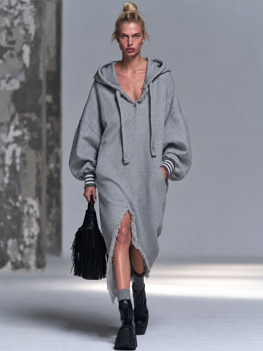 Fashionable Retro Striped Cuff Gray Hooded Irregular Hem Cotton Midi Dress
