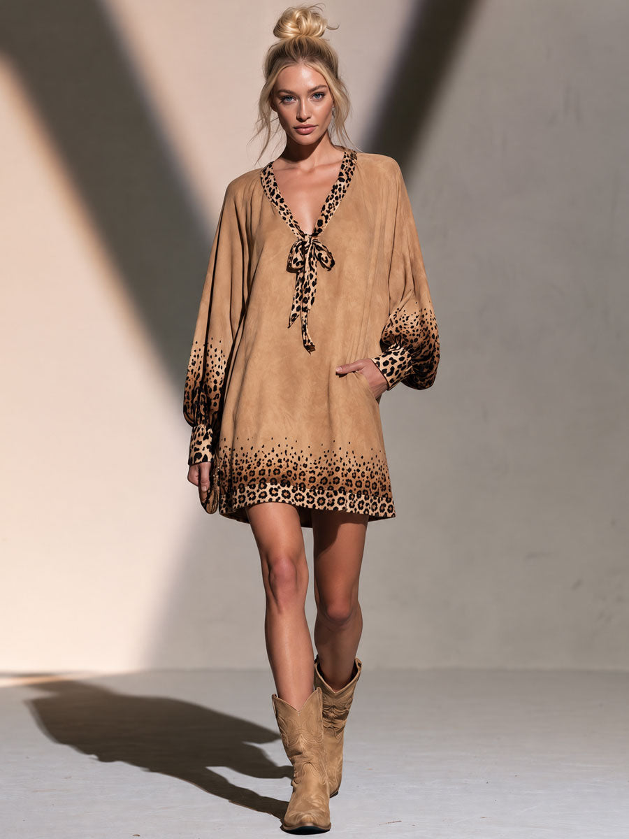 Retro Chic Brown Gradient Leopard Print Faux Suede Mini Dress
