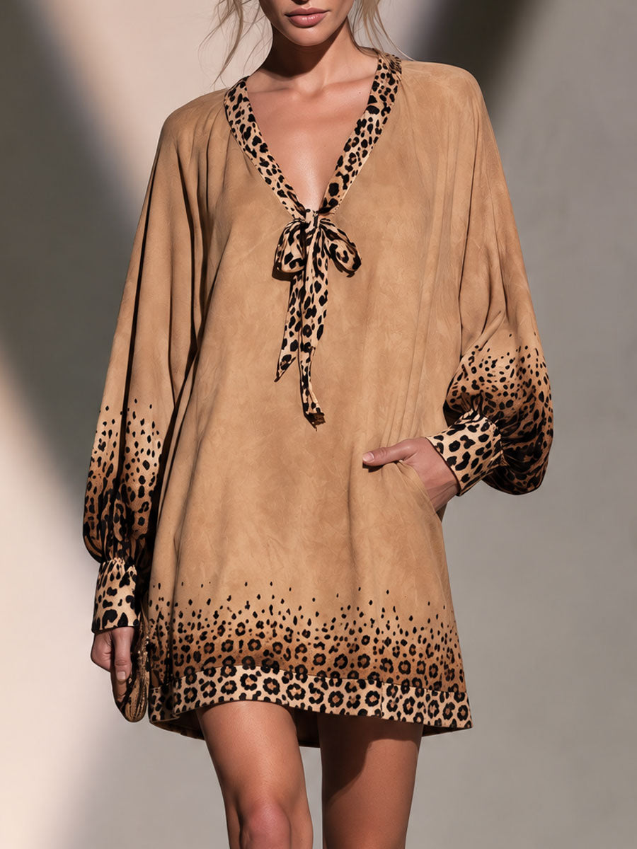 Retro Chic Brown Gradient Leopard Print Faux Suede Mini Dress