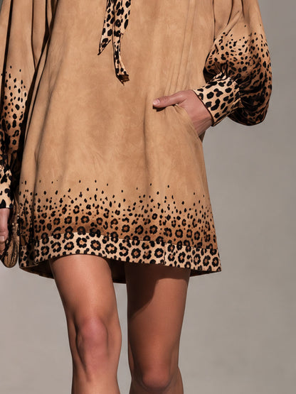 Retro Chic Brown Gradient Leopard Print Faux Suede Mini Dress