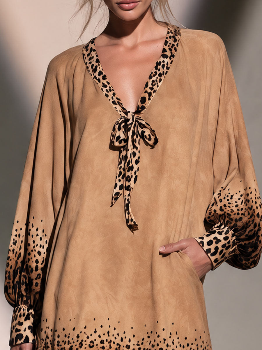 Retro Chic Brown Gradient Leopard Print Faux Suede Mini Dress