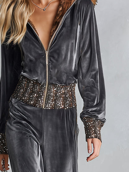 Stylish Sequin-paneled Grey Ombre Zippered Jumpsuit