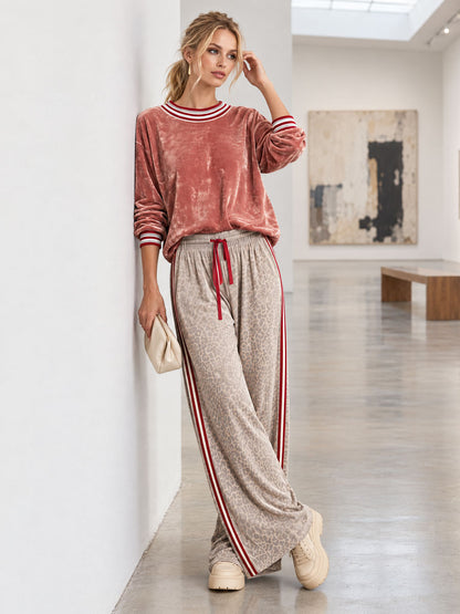 Casual Retro Pink Shiny Velvet Sweatshirt And Leopard Print Pants Set
