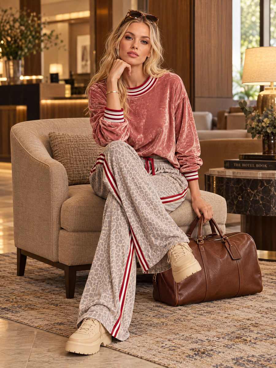 Casual Retro Pink Shiny Velvet Sweatshirt And Leopard Print Pants Set