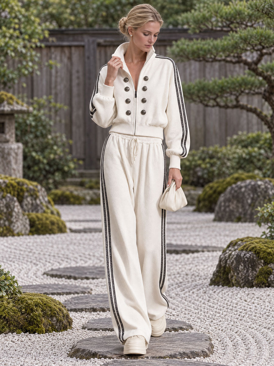 Casual Sporty Retro Double-Breasted Decorative Button White Cotton Jacket And Pants Set